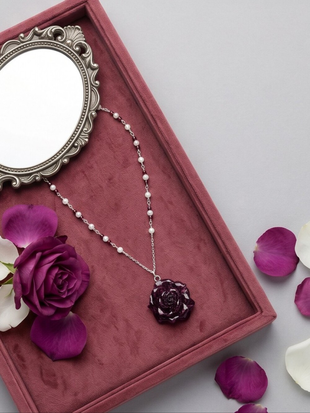 #448 HANDMADE NECKLACE HANDMADE HANDCRAFTED Dried Mini Rose Resin Purple White